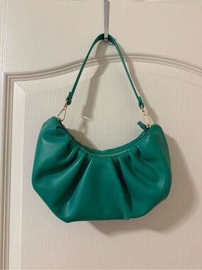 Gathered Shoulder Bag in Teal Green with Gold Hardware